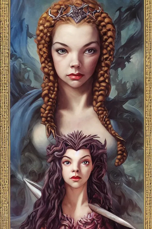 Image similar to A fantasy comic book style portrait painting of Anya Taylor-Joy, hybrid, Diana Dors, as an Atlantean Reptilian Warrior, François Boucher, Oil Painting, Mystical Valkyrie, unreal 5, DAZ, hyperrealistic, octane render, Regal, Refined, Detailed Digital Art, RPG portrait, William-Adolphe Bouguereau, Michael Cheval, Walt Disney (1937), Steampunk, dynamic lighting, Highly Detailed, Cinematic Lighting, Unreal Engine, 8k, HD