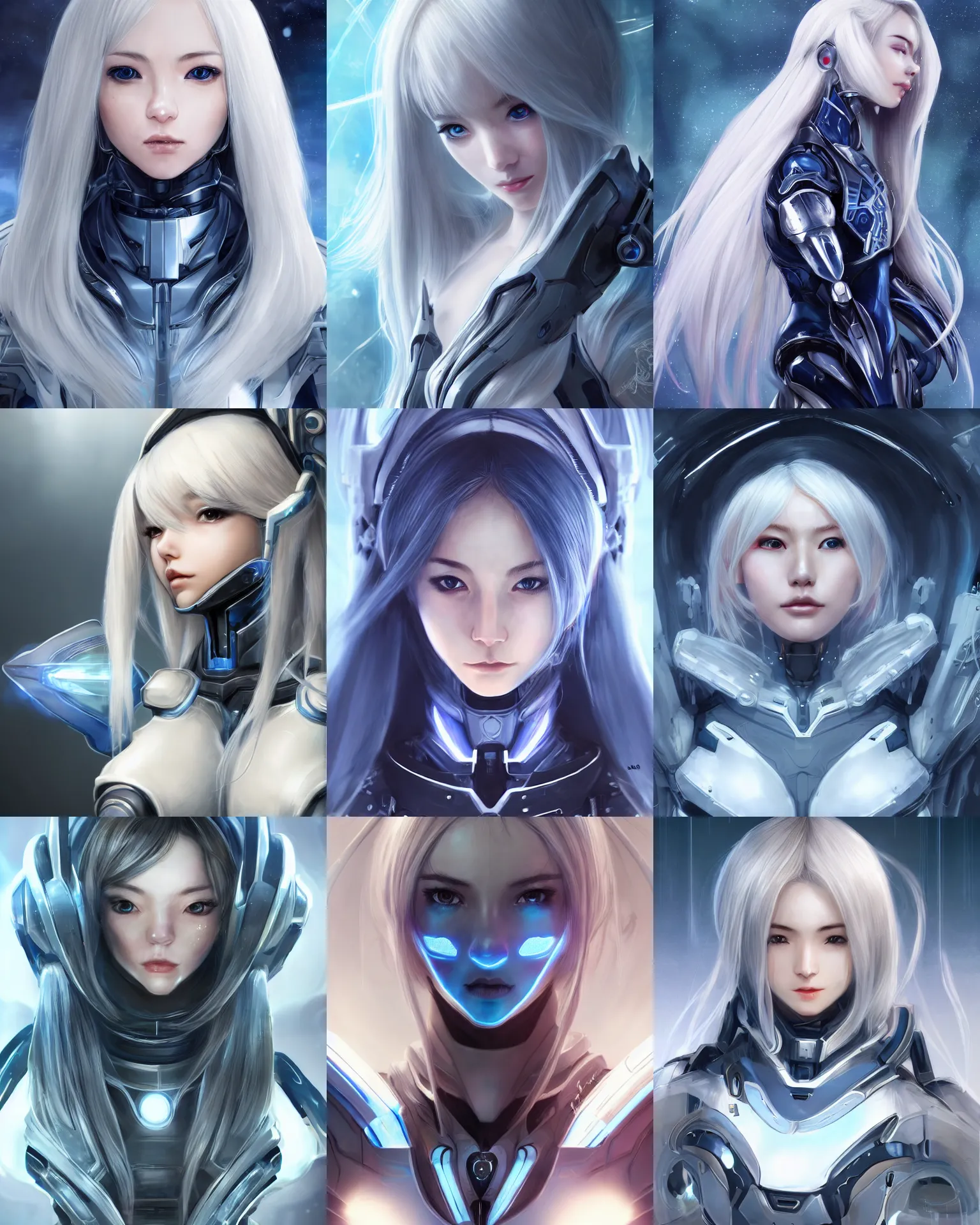 Image similar to detailed portrait of perfect android girl, warframe armor, beautiful face, scifi, futuristic, space station, laboratory, song hye - kyo, dreamy, long white hair, blue cyborg eyes, cinematic lighting, innocent, highly detailed, sharp focus, smooth, artstation, intricate, award winning, pure aura, divine, by akihiko yoshida