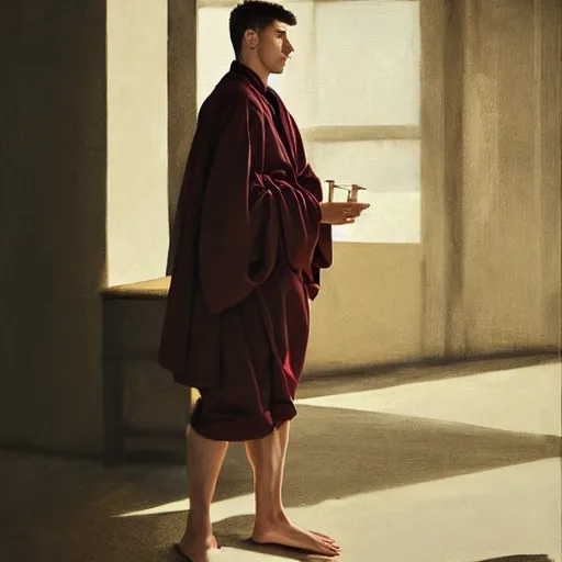 Image similar to attractive kai havertz wearing monk robes holding candlestick. natural lighting by ruan jia, portrait