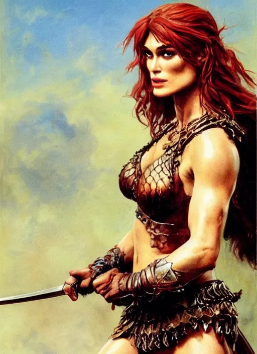 Prompt: Portrait of Keira Knightley as Red Sonja, painted by Frank Frazetta, highly detailed, 8k