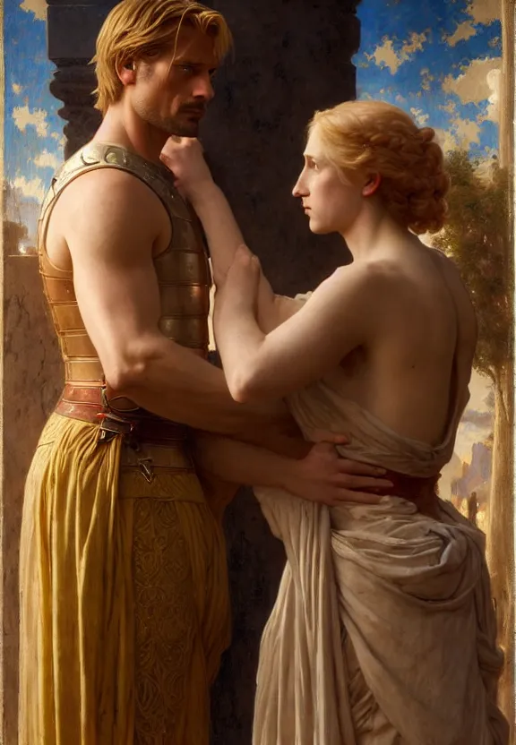 Image similar to attractive handsome fully clothed jaime lannister confesses his love for attractive fully armored brienne of tarth. centered composition. highly detailed painting by gaston bussiere and j. c. leyendecker and william adolphe bouguereau and fra angelico and octane render, musee d'orsay 8 k