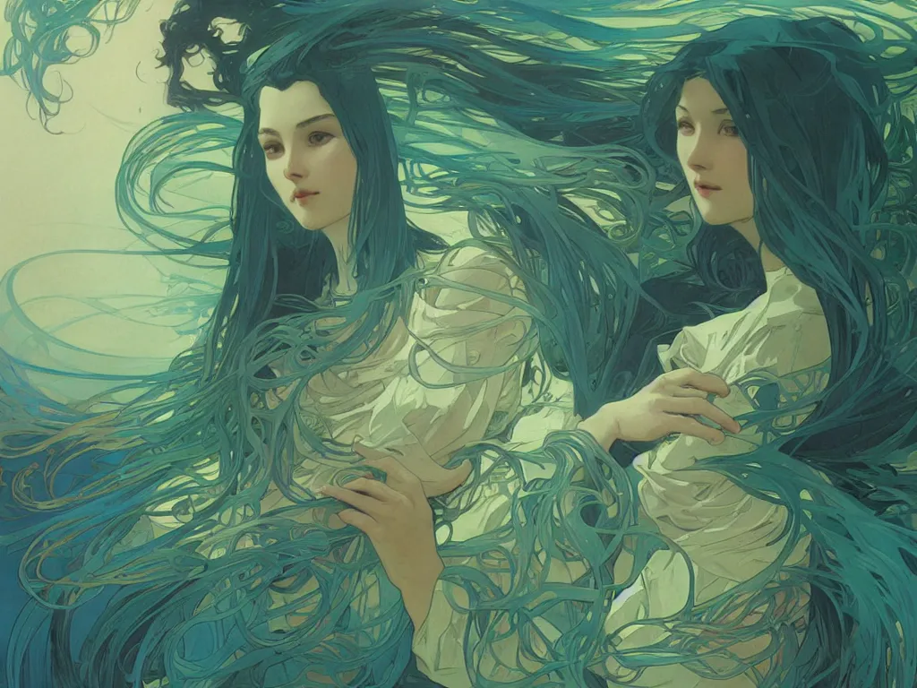 Image similar to blue and green waves, artstation, concept art, smooth, sharp focus, illustration, art by alphonse mucha and tian zi and WLOP