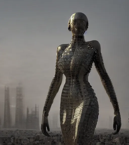 Image similar to cyber tarkovsky greatest scene, the ancient destroyed majestic tower of babylon, woman in futuristic cyber clothing, transparent puffer jacket, hyper realistic, blockchain, cyber world, ambient lighting, concept art, intricate, hyper detailed, smooth, dynamic volumetric lighting, octane, ray trace, cinematic, high quality, high resolution, 4 k, cgsociety