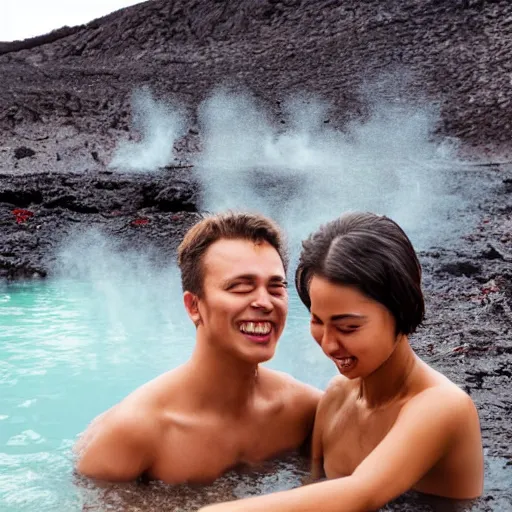 Prompt: young couple taking a bath in lava, volcanic eruptions in the background