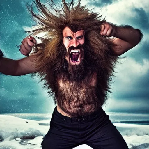 Image similar to A small angry hairy man with wild hair and huge claws. He might be Canadian