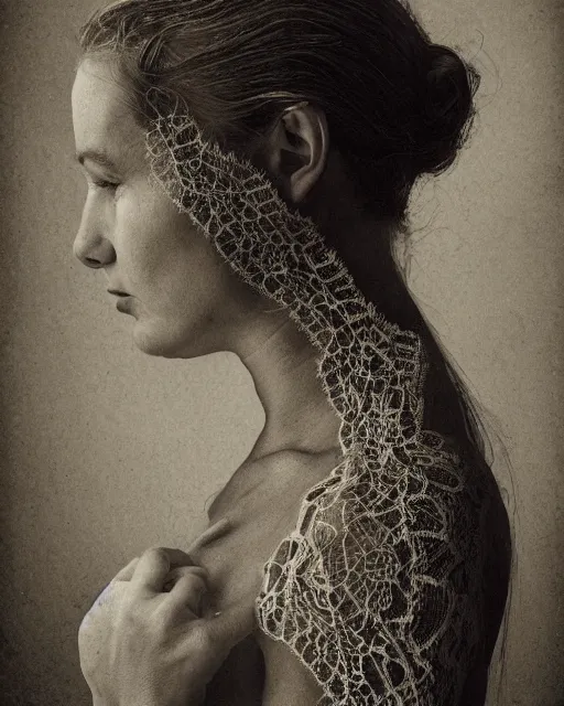 Image similar to a woman's face in profile, made of intricate lace skeleton, in the style of the dutch masters and gregory crewdson, dark and moody