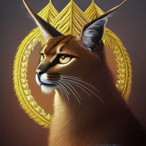 Prompt: laurel wreath on a head of fluffy caracal, photography of kurzgesagt, no people, deep focus, d & d, intricate, elegant, highly detailed, digital painting, artstation, concept art, matte, sharp focus, illustration, hearthstone, art by artgerm and greg rutkowski and alphonse mucha