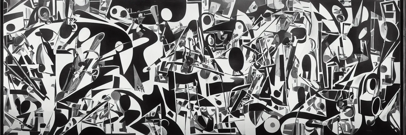 Image similar to visual representation of be - bop jazz music, black and white, abstract, dark, unreal, insightful, philosophical, multiple musical instruments, moma museum,