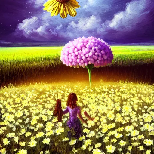 Image similar to giant daisy flower as a head, girl walking in flower field, surreal photography, night moon light, dramatic, impressionist painting, clouds, digital painting, artstation, simon stalenhag