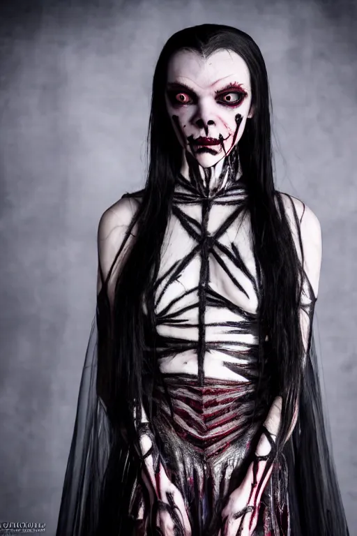 Image similar to dressed anya taylor - joy, a sinister demonic queen of cenobites, symmetrical, cinematic, elegant, demonic atmosphere, professional studio light, real dlsr photography, sharp focus, costume made by clive barker, real rotten flesh and blood, 4 k, ultra hd, sense of awe