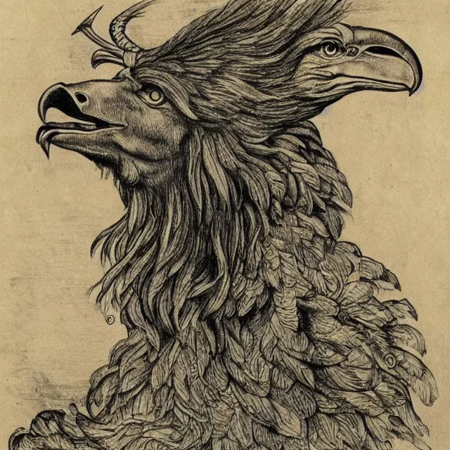 Image similar to human / eagle / lion / ox hybrid with two horns, one beak, mane and human body. drawn by da vinci