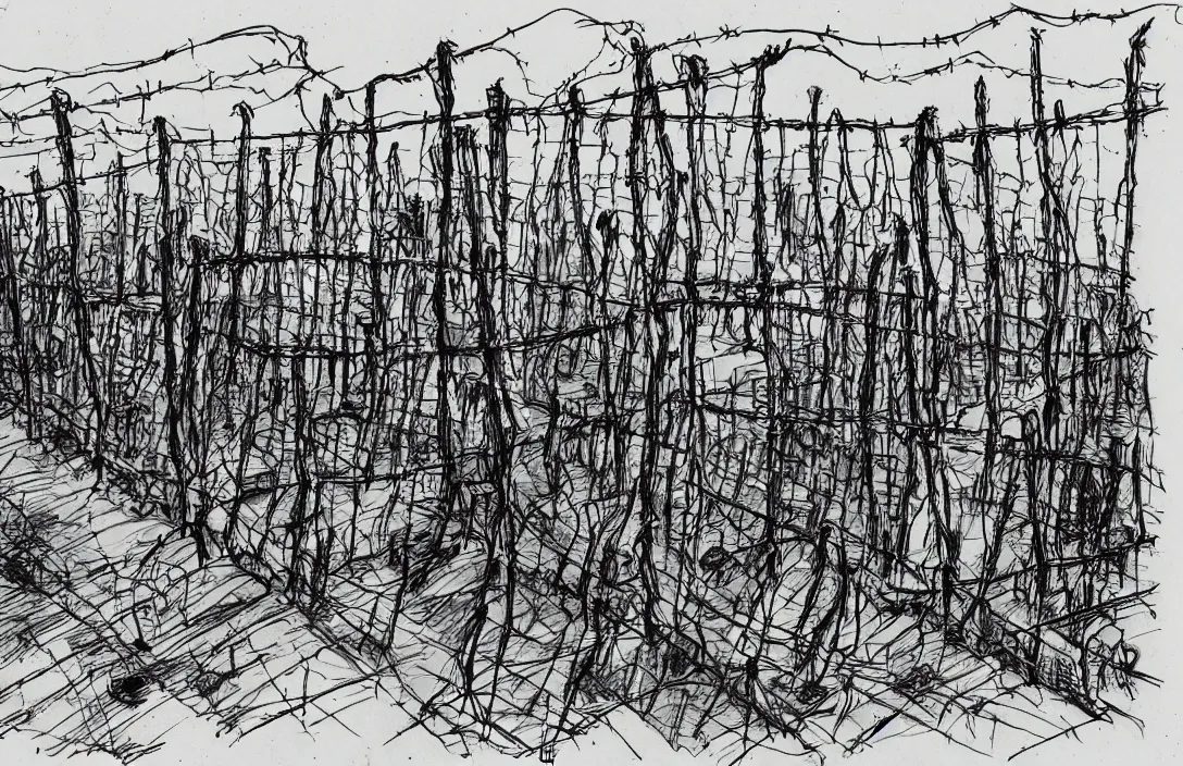 Prompt: milt kahl sketch of zombie apocalypse resistance camp with barbed wire fencing