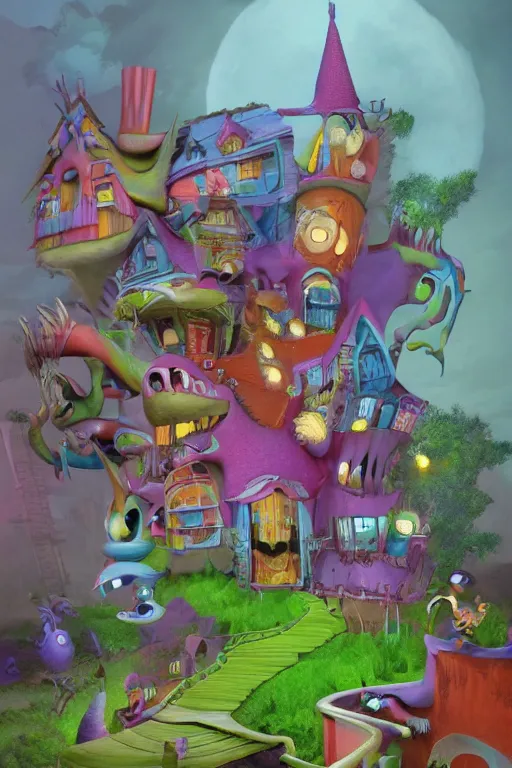 Image similar to a highly detailed 3 d render of an aaahh!!! real monsters house party : 1 | centered, colorful, matte background : 0. 9 | by james gurney :. 8 | unreal engine, deviantart, artstation, octane, finalrender, zbrush, keyshot, concept art, hd, 8 k resolution : 0. 8