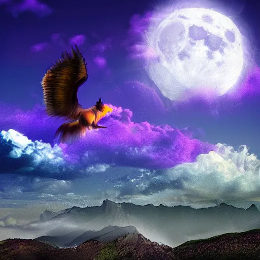 Prompt: winged horse flying over dreamy mountains, swirling clouds, misty, neon colors, full moon