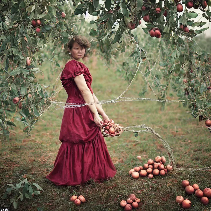 Image similar to a closeup portrait of a woman wearing a dress made of tangled twine and ribbon, picking pomegranates from a tree in an orchard, foggy, moody, photograph, by vincent desiderio, canon eos c 3 0 0, ƒ 1. 8, 3 5 mm, 8 k, medium - format print