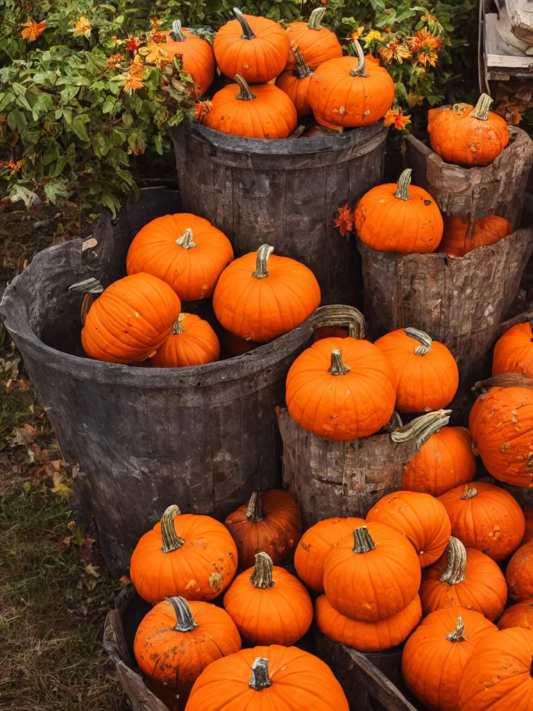 Prompt: photorealistic pumpkins in a wood bin, farmer's market setting, vivid colors, soft lighting, atmospheric, cinematic, 8k