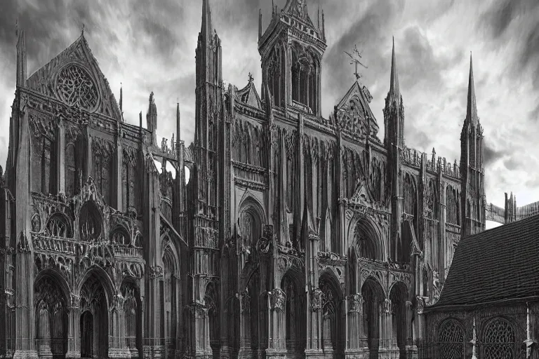 Prompt: a black and white photo of a cathedral, a detailed matte painting by edwin deakin, featured on cg society, gothic art, matte drawing, matte painting, vray tracing