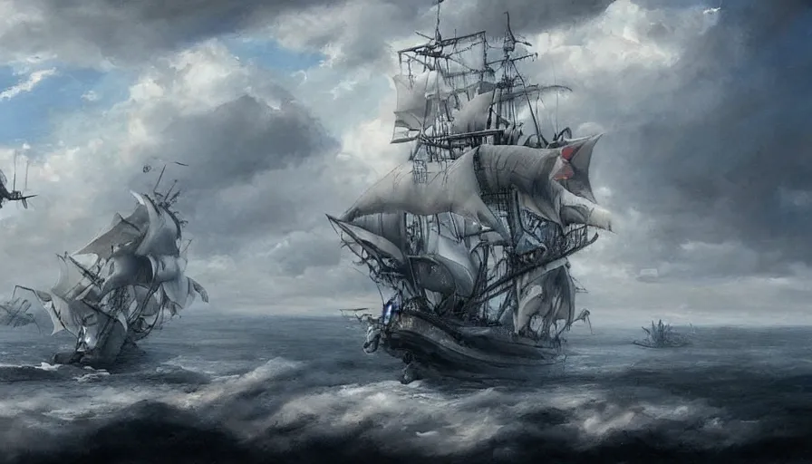 Image similar to a large pirate airship flying among the clouds, soaring through the sky, realist painting, pirate, beautiful, highly detailed, trending on art station