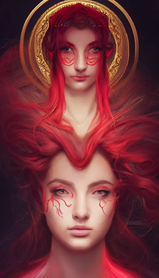 Prompt: portrait of magical archer , dark fantasy, gradient red black, dreamy and ethereal, (colour) eyes, one head, golden ratio, peaceful expression, ornate frilly dress, fantasy, intricate, elegant, rainbow bubbles, highly detailed, digital painting, artstation, concept art, smooth,b sharp focus, illustration, art by artgerm and greg rutkowski and alphonse mucha