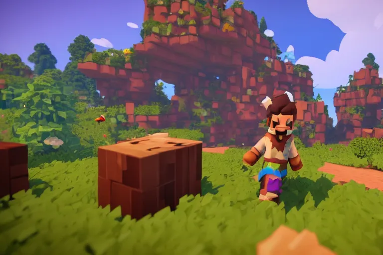 Image similar to Hytale Gameplay, Kweebec running through a forest, depth of field shot