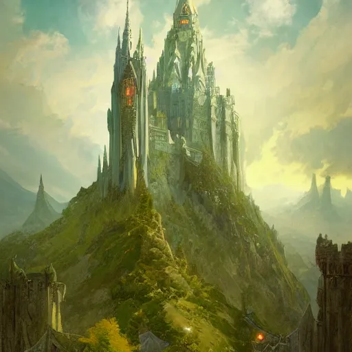 Prompt: light oil painting of tolkien inspired high castle with wizard towers and walls, elegant architecture on top of a green forest, artstation art by greg rutkowski and alphonse mucha