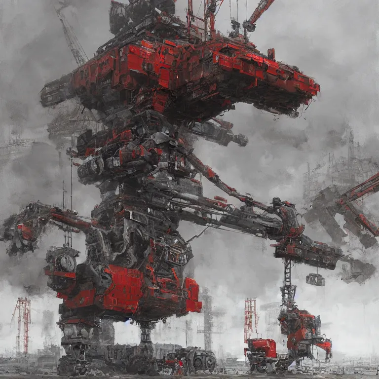 Image similar to construction of a giant soviet mech at the factory by jakub rozalski