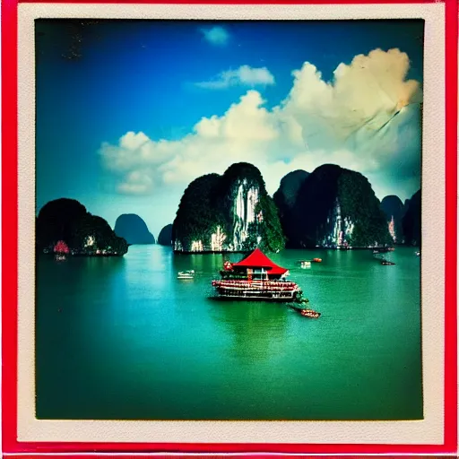 Prompt: Vintage analog poloroid of beautiful ha long bay, detailed clouds, warm azure tones, red color bleed, film grain