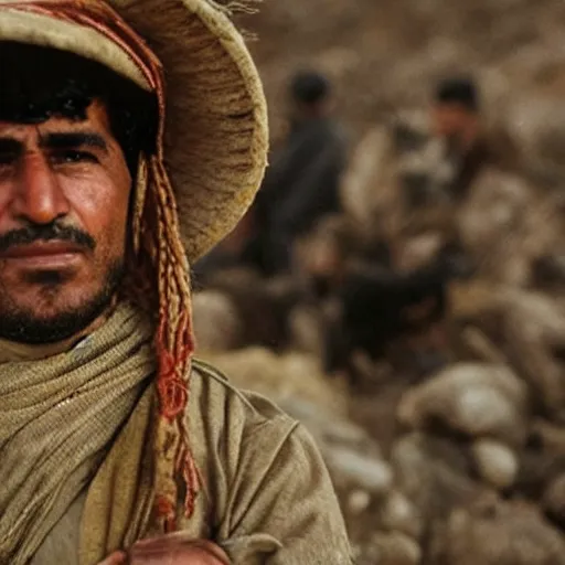 Prompt: Close up of a Kurdish shepherd wearing Kurdish Kurdish Kurdish clothes in a movie directed by Christopher Nolan, movie still frame, promotional image, imax 70 mm footage