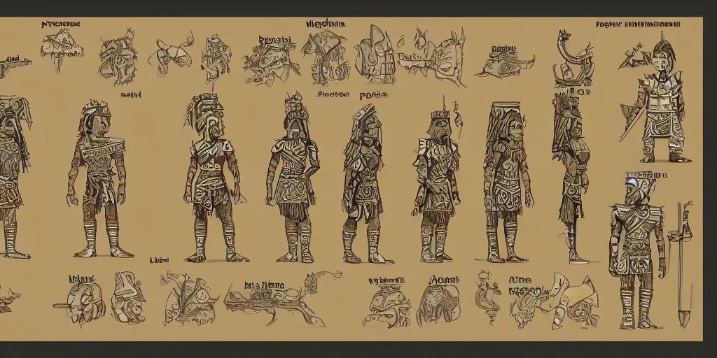 Prompt: highly detailed character sheet, technical drawing, side view, aztec game protagonist designs, side - scrolling 2 d platformer