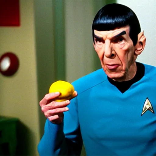 Prompt: Spock eating a lemon, still from 90s tv