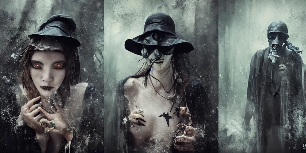 Image similar to poisonous river, plague doctor, medium shot, dark fantasy, gritty, by paolo roversi, by bastien lecouffe - deharme, by yanjun chen, by makoto shinkai