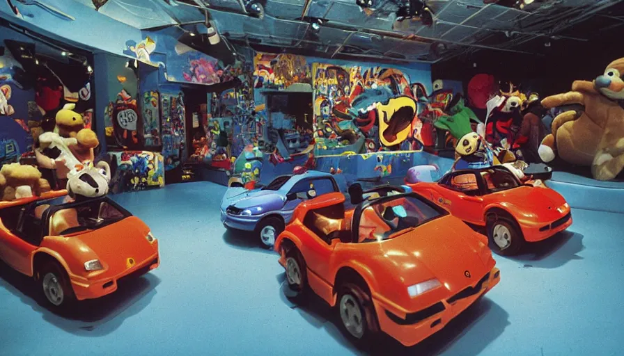 Image similar to 1990s photo of inside the Beanie Baby ride at Universal Studios in Orlando, Florida, children riding in Lamborghini through Beanie Baby Masion, cinematic, UHD