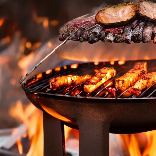 Barbecue Over Wood Fired Grill Near Stream by Cavan Images