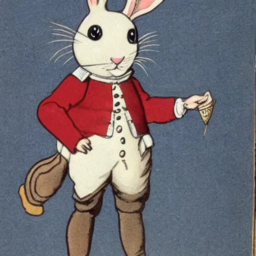 Image similar to a book illustration of a rabbit wearing a british navy 1700s uniform