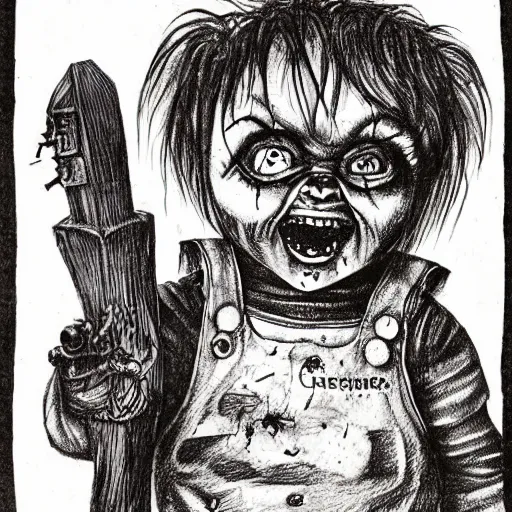 Prompt: drawing of chucky by judson huss and henriette grindat and albrecht durer | horror themed | creepy