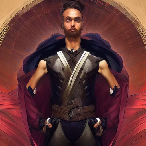 Image similar to character concept, wide angle, full body, symmetrical, young man with dark ninja clothes. detailed, high quality, dynamic lightning, fantasy, scenematic. artwork by artgerm, wlop, alex ross, greg rutknowski, alphonse mucha