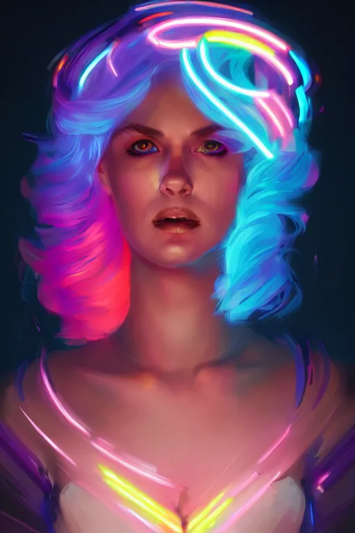 Image similar to a award winning portrait of a beautiful woman with stunning eyes in a one off shoulder crop top and cargo pants with rainbow colored hair, outlined by whirling illuminated neon lines and fine lines swirling in circles by greg rutkowski, digital art, trending on artstation