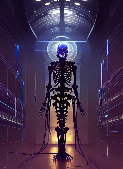 Prompt: high depth, the cyber skeleton king in his silent halls, calm, healing, resting, life, hybrids, scifi, glowing lights!!, published concept art, mixed medias, image overlays, sharp focus, thin glowing wires, winning illustration, art by greg rutkowski and alphonse mucha, singularity!!!