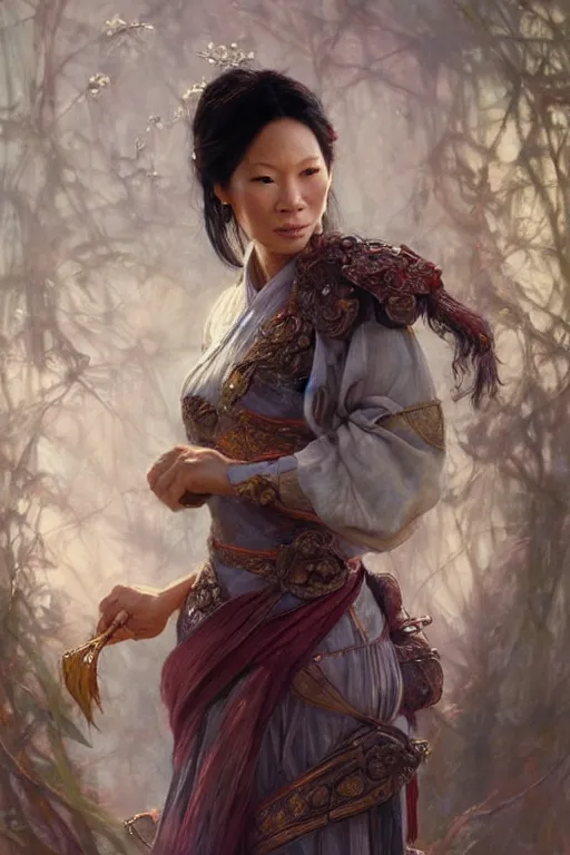 Prompt: Lucy Liu portrait, wuxia, fantasy, elegant, intricate, by Stanley Artgerm Lau, greg rutkowski, thomas kindkade, alphonse mucha, loish, norman Rockwell