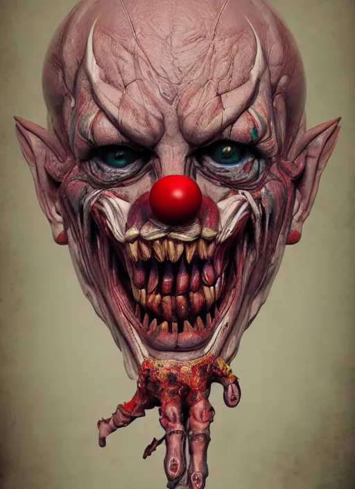 Image similar to evil horror clown, monster anatomy, ross tran, vivid colors, anatomical, highly detailed sculpture, intricate detailed, ommatidia, 8 k, cinematic atmosphere, post - processing