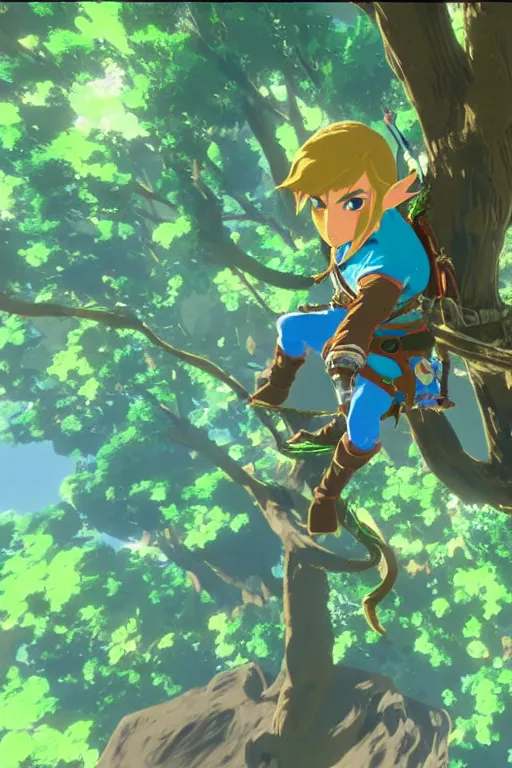 Image similar to in game footage of link from the legend of zelda breath of the wild climbing q tree, breath of the wild art style.