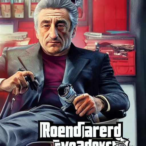 Image similar to robert deniro as a grand theft auto 5 character, cover game art