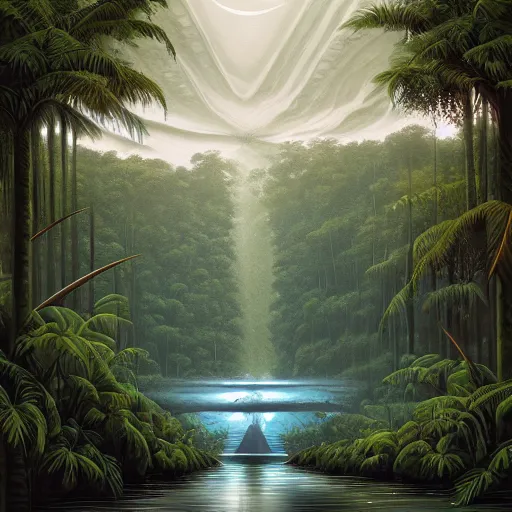 Image similar to masterpiece, darling, amazon jungle, river, rain, by jeffrey smith, rhads, surreal, digital art, highly detailed, artstation, cinematic