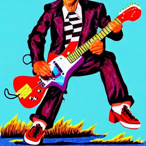 Image similar to Barry Chuckle Shredding on an electric guitar in the style of Jason Edmiston and Gary Panter