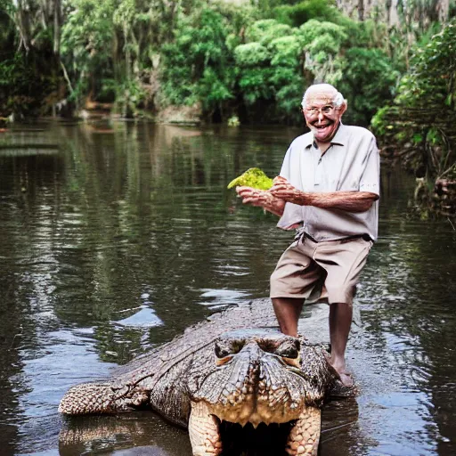 Image similar to elderly man feeding a crocodile, smiling, happy, crocodile, snappy, hungry, jungle, canon eos r 3, f / 1. 4, iso 2 0 0, 1 / 1 6 0 s, 8 k, raw, unedited, symmetrical balance, wide angle