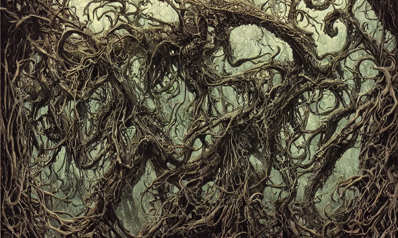 Image similar to hyperdetailed art nouveau portrait of treebeard as a cthulhu eyeball skull dragon monster, by micheal whelan, simon bisley and bill sienkiewicz, grim yet sparkling atmosphere, photorealism, claws, skeleton, antlers, fangs, forest, wild, crazy, horror, lynn varley, lovern kindzierski, steve oliff