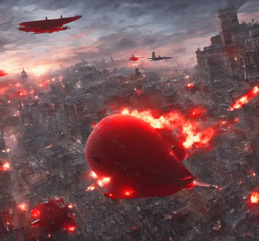 Image similar to red alert troops in real life invading city and kirov dirigible fly in sky, hd, hdr, ue 5, ue 6, unreal engine 5, cinematic 4 k wallpaper, 8 k, ultra detailed, by popular digital artist, beautiful image, resolution, artstation