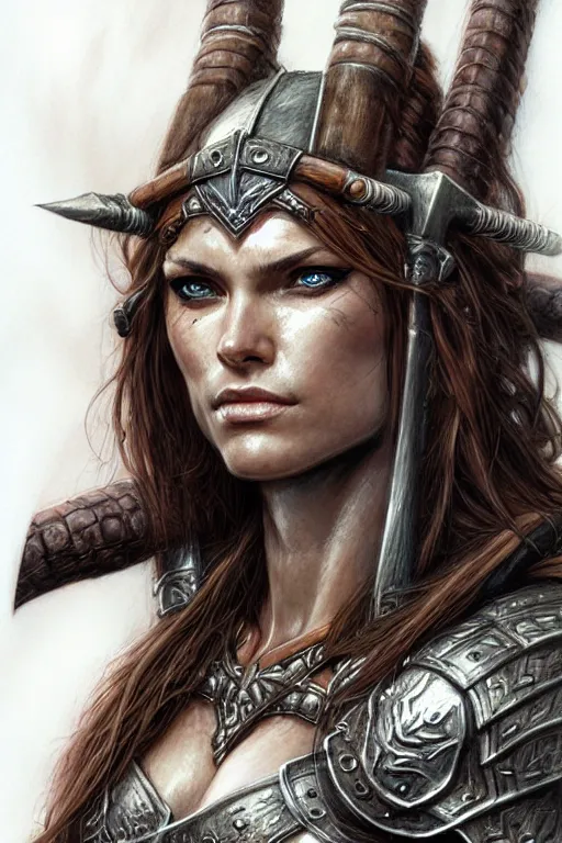 Prompt: head and shoulders portrait of a barbarian, female, high fantasy, dnd, face details, extremely detailed, smooth, sharp focus, digital illustration, by luis royo, magali villeneuve, donato giancola, wlop, krenz cushart, artgerm