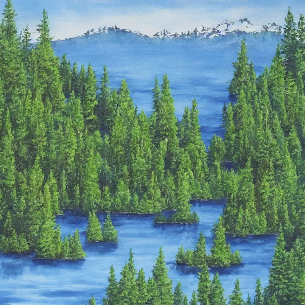 Image similar to a lake surrounded by pine trees painted by Bob Ross