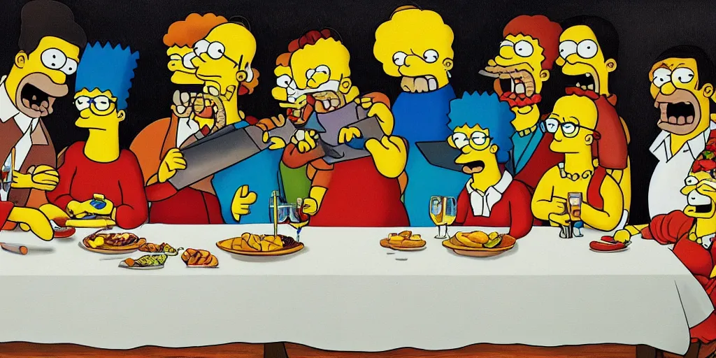 Image similar to last supper styled as simpsons, art, trending in artsation, winning award painting, oleo style,